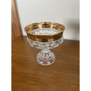 Clear Glass Pedestal Dish Cut Etched With Gold Rim